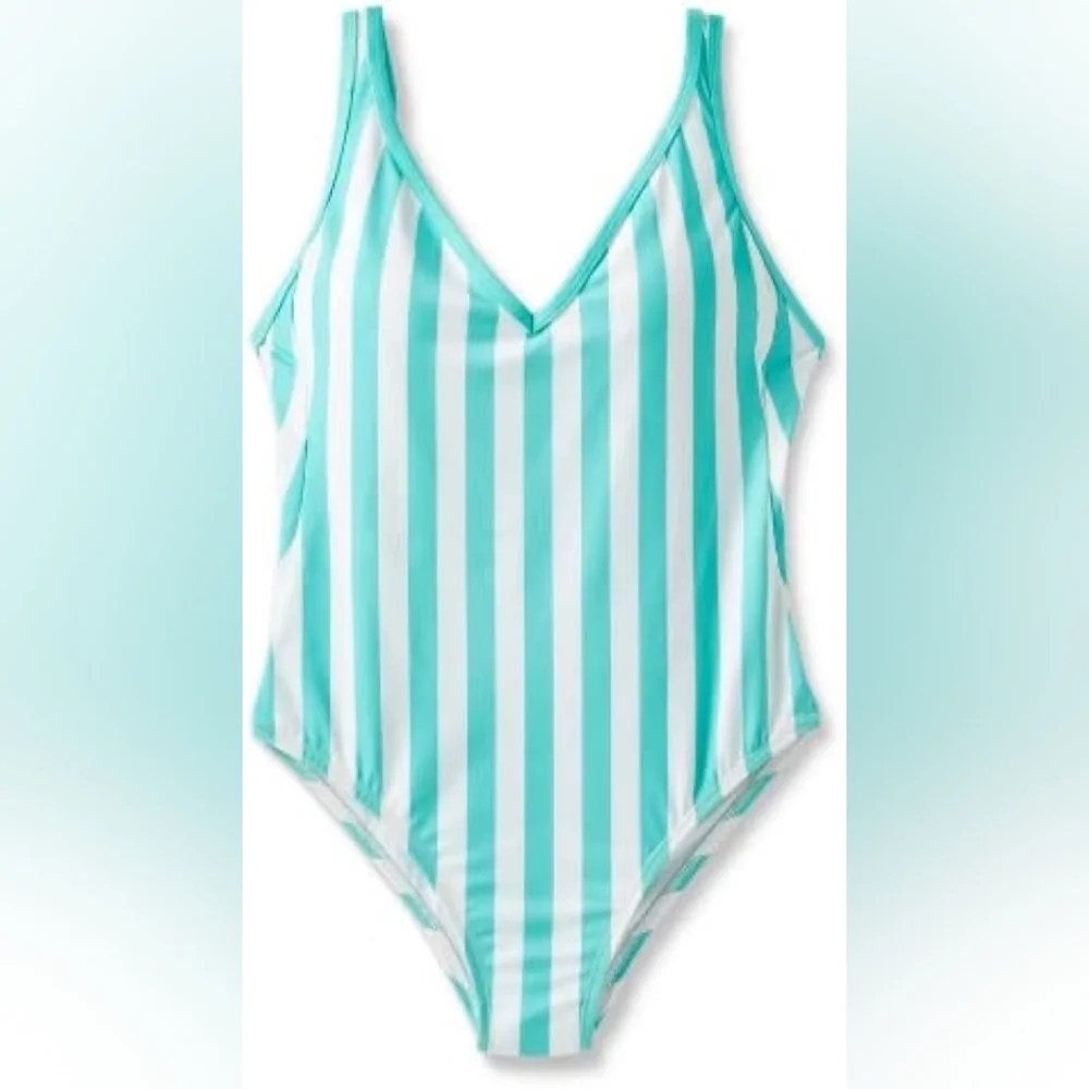 NWT Kona Sol Mint Stripe One Piece Swimsuit Size 20W Plus V Neck Strappy Back - Picture 1 of 13